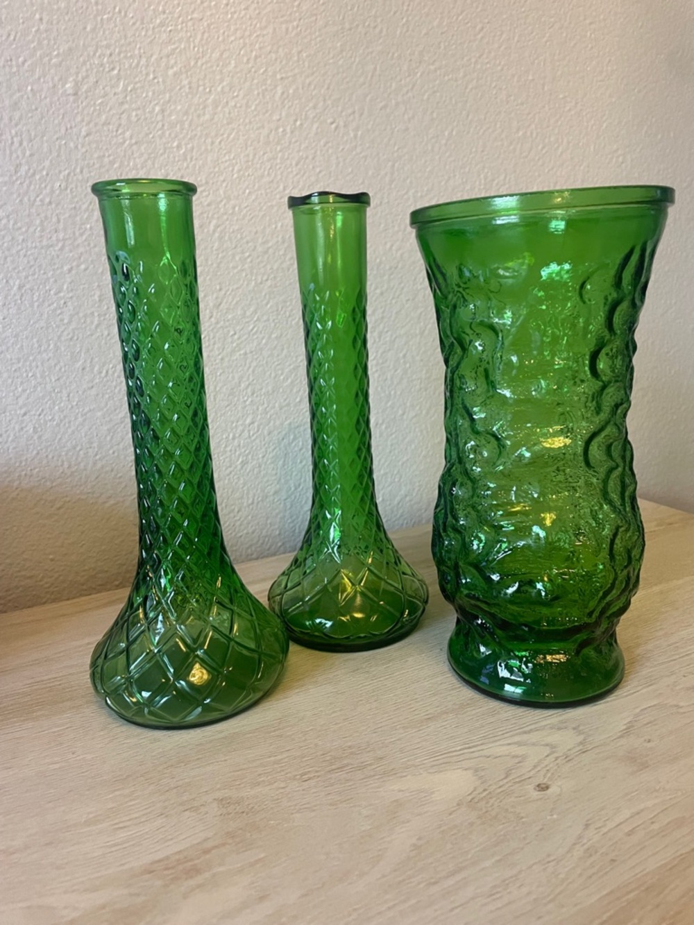 Set of 3 Vintage Green Hoosier Tall Bud Vases